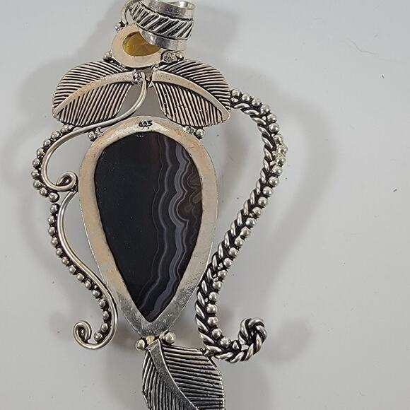 Handmade Silver Pendant with Black Banded Agate & Citrine in Leaf Motif Setting - Picture 3 of 9